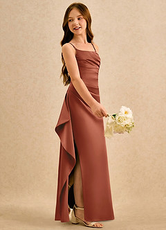 Azazie Cannoli Girls Formal Blomsterpigekjoler A-Line Plisseret Mat satin Gulv-længde Kjole image4