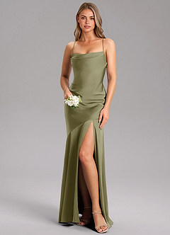 Azazie Grata Bridesmaid Dresses Pistachio Sheath Side Slit Stretch Satin Dress image1