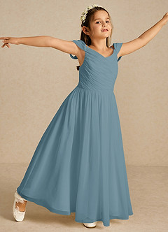 Azazie Chelle Flower Girl Dresses Moody Blue A-Line Pleated Chiffon Dress image3