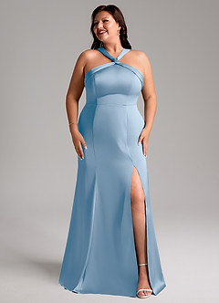 Azazie Rue Vestidos de damas de honor Vestido de Azul Pálido de Satén Elástico de Corte Sirena con Plisado image10
