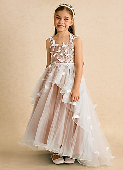 Azazie Darlina Flower Girl Dresses Ivory Champagne Rose Ball-Gown Lace Tulle Dress image6