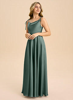 Azazie Popsy Junior Sea Moss A-Line Bow Stretch Satin Dress image4