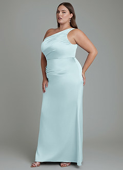 Azazie Akilah Bridesmaid Dresses Cloud Blue Mermaid One Shoulder Stretch Satin Dress image11