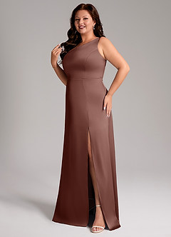 Azazie Phaedra Bridesmaid Dresses Espresso A-Line One Shoulder Stretch Satin Dress image12