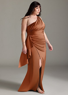 Azazie Maive Bridesmaid Dresses Copper Sheath Ruched Stretch Satin Dress image8