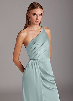 Azazie Mika Vestidos de damas de honor Vestido de Vidrio Marino de Satén Elástico de Corte Recto con Hombro unilateral image7