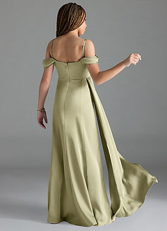 Azazie Amyra Junior Pistachio Sheath Off the Shoulder Stretch Satin Dress image2