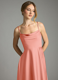 Azazie Elle Bridesmaid Dresses Coral A-Line Pleated Stretch Satin Dress image2