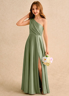 Azazie Puddles Girls Formal Flower Girl Dresses Pistachio A-Line One Shoulder Stretch Satin Dress image3
