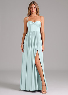 Azazie Akiko Robes de demoiselle d'honneur Robe Trapèze en Satin extensible Encolure en Forme de Cœur Verre De Mer image1