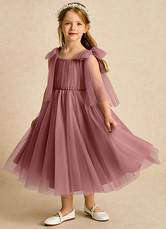Azazie Dori Robe Demoiselle D'honneur Fillette Robe Trapèze en Tulle Rayé Rose Du Désert image5