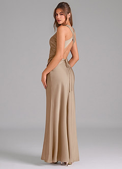 Azazie Evadne Bridesmaid Dresses Taupe A-Line Pleated Stretch Satin Dress image5