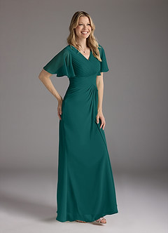 Azazie Morning Glory Kleider für die Brautmutter A-Linie V-Hals Gerüscht Chiffon Kleid Pfau image3