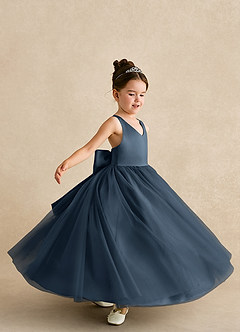 Azazie Peanut Abiti da Ragazza di Fiori Abito A-Line in Tulle Cinturino Blu Nettuno image5