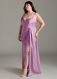 Azazie Brielle Bridesmaid Dresses Wisteria A-Line Cowl Spaghetti Straps Stretch Satin Dress image10