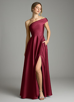 Azazie Melanie Bridesmaid Dresses Burgundy A-Line Off the Shoulder Stretch Satin Dress image1
