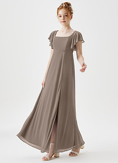 Azazie Bondi Junior A-Linie Seitliche Cut-Outs Gittergewebe Kleid Taupe image6