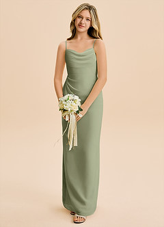 Azazie Mai Junior Vestido de Pistacho de Gasa de Corte Recto con Plisado image4