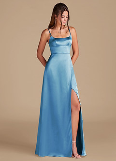 Azazie Halsey Bridesmaid Dresses Steel Blue A-Line Side Slit Metallic Satin Dress image1