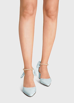 front Satin Pearl and Bow Pointed Toe Block Heels