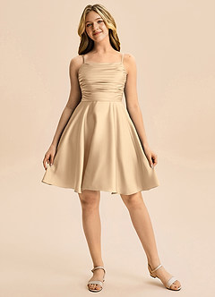 Azazie Miko Junior Champagne A-Line Pleated Stretch Satin Dress image5