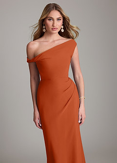 Azazie Emerson Bridesmaid Dresses Burnt Orange Sheath Off the Shoulder Chiffon Dress image2