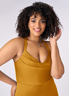 Barbie ♥ Azazie Bridesmaid Dresses Butterscotch Mermaid Pleated Stretch Satin Dress image10