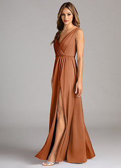 Azazie Tanicia Bridesmaid Dresses Copper A-Line Pleated Stretch Satin Dress image5