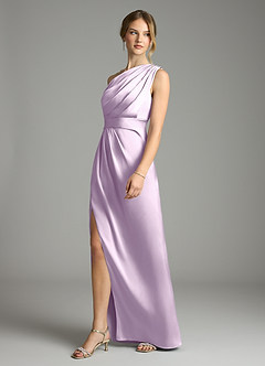 Azazie Emorie Bridesmaid Dresses Frosted Lilac Sheath One Shoulder Stretch Satin Dress image3