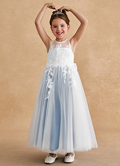 Azazie Bitsy Flower Girl Dresses Ivory Steel Blue A-Line Lace Tulle Dress image2