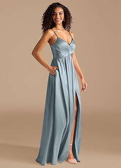 Azazie Alia Robes de demoiselle d'honneur Robe Trapèze en Satiné métallisé Plissée Bleu Poussiéreux image5