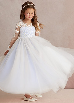 Azazie Elodie Flower Girl Dresses Ivory Lavender Ball-Gown Lace Dress image2