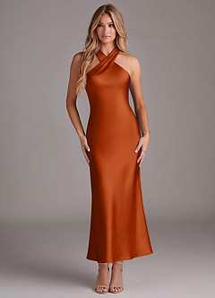 Azazie Doretta 신부 들러리 드레스 인어 주름진 스트레치 새틴 발목 길이 드레스 image1