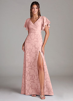 Azazie Ambrosia Bridesmaid Dresses Powder Pink A-Line Pleated Floral Burnout Dress image1
