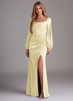 Azazie Charissa Bridesmaid Dresses Lemon Sorbet Sheath Long Sleeve Stretch Satin Dress image4