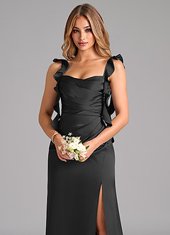 Azazie Jessamine Bridesmaid Dresses Black A-Line Corset Stretch Satin Dress image7