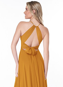 Azazie Evalleen Robes de demoiselle d'honneur Robe Trapèze en Mousseline de soie Plissée Caramel écossais image3