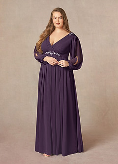 Azazie Gypsy vestidos de madre de la novia Vestido de Ciruela de Gasa de Corte En A con Lentejuelas cuello pico image10