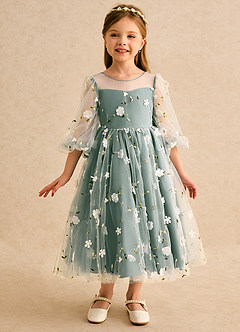 Azazie Elowen vestidos de niña de las flores Vestido de Eucalipto de Encaje de Corte en A con Escote de Corazón image3