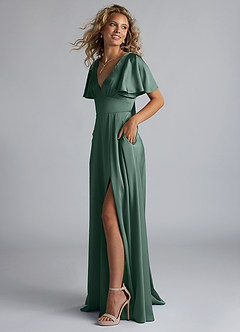 Azazie Kimber Bridesmaid Dresses Eucalyptus A-Line Ruched Stretch Satin Dress image6