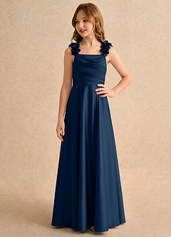 Azazie Rosita Girls Formal Flower Girl Dresses Dark Navy A-Line Pleated Stretch Satin Dress image4
