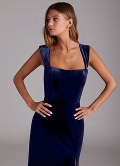 Azazie Junia Jurken voor bruidsmeisjes Converteerbaar Jurk van flueel met Kolom Off the Shoulder Donkere Marine image6