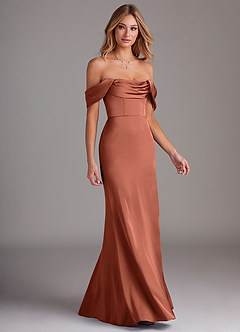 Azazie Saige Bridesmaid Dresses Clay Sheath Off the Shoulder Stretch Satin Dress image6