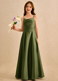 Azazie Coconut Girls Formal Sukienki dla dziewczynek sypiących kwiaty Linia A Pofałdowany Satyna elastyczna Długość podłogi Sukienka image4