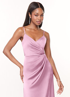 Azazie Maci Bridesmaid Dresses Candy Pink A-Line V-Neck Pleated Stretch Satin Dress image5