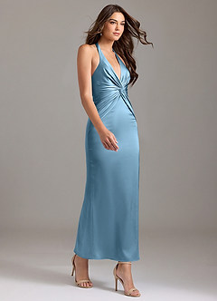 Azazie Valerie Bridesmaid Dresses Steel Blue Mermaid Pleated Stretch Satin Dress image4