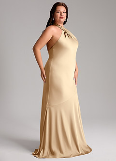 Azazie Lorena Vestidos de damas de honor Vestido de Champán de Satén Elástico de Corte Sirena con Plisado image11