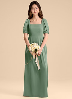 Azazie Briar Junior Vestido de Matcha de Satén Elástico de Corte en A con Lazo image1