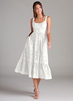 Azazie Alissa Bridesmaid Dresses White A-Line with Pockets Floral Burnout Dress image1