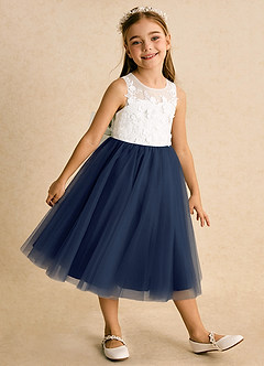 Azazie Lina Flower Girl Dresses Ivory Dark Navy Ball-Gown Lace Dress image4